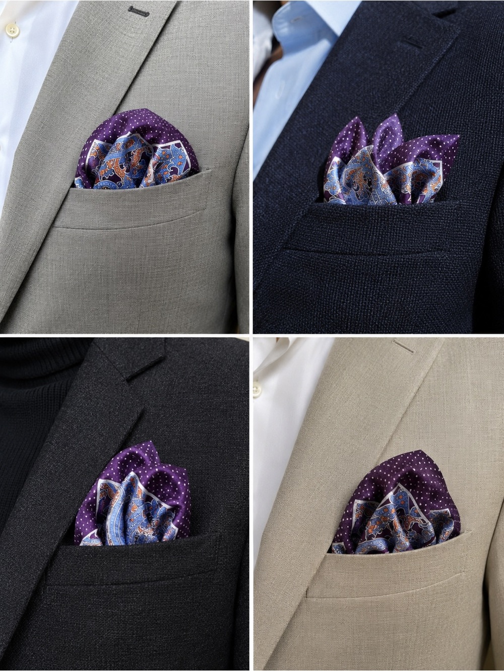 Black Brown 100% Silk Pocket Square Purple Paisley Polka Dot Handkerchief